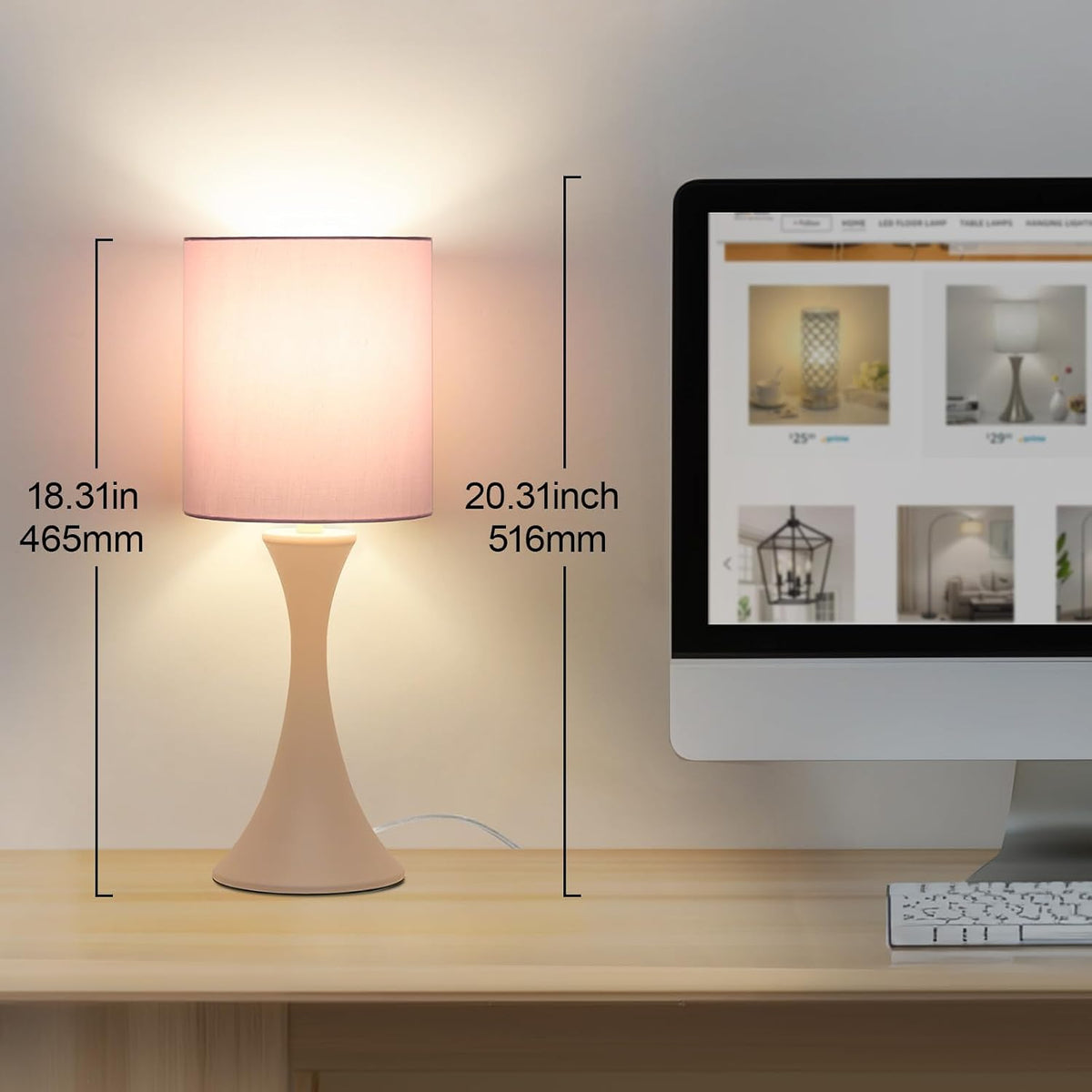 Dimmable Wood Grain Metal Table Lamp, 3 Way Touch Lamp with White Shade