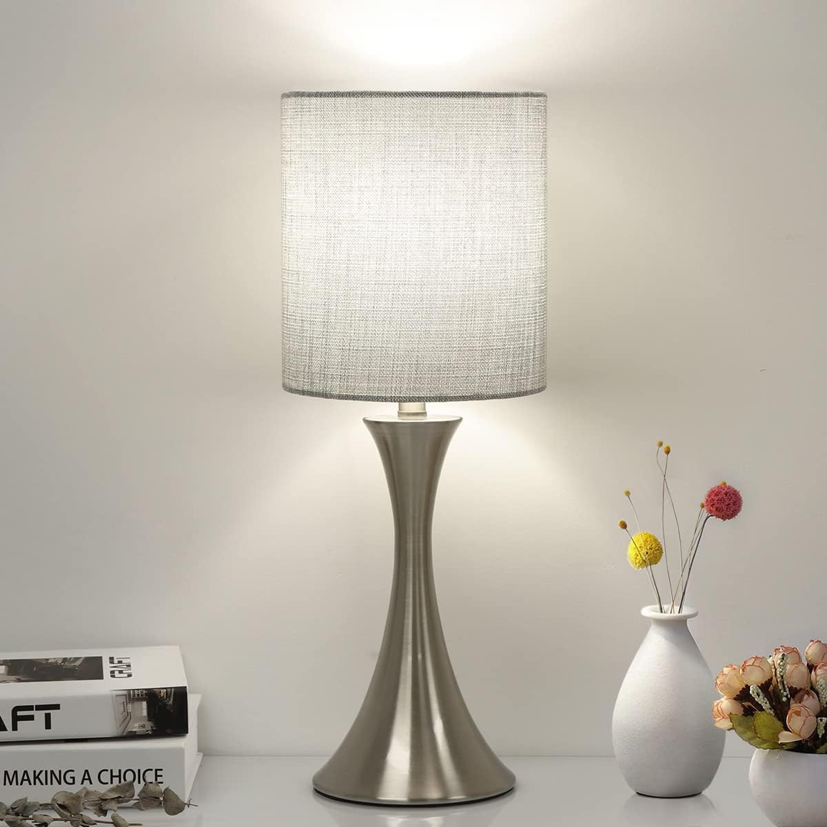 Dimmable Wood Grain Metal Table Lamp, 3 Way Touch Lamp with White Shade