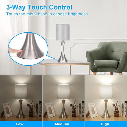 Dimmable Wood Grain Metal Table Lamp, 3 Way Touch Lamp with White Shade