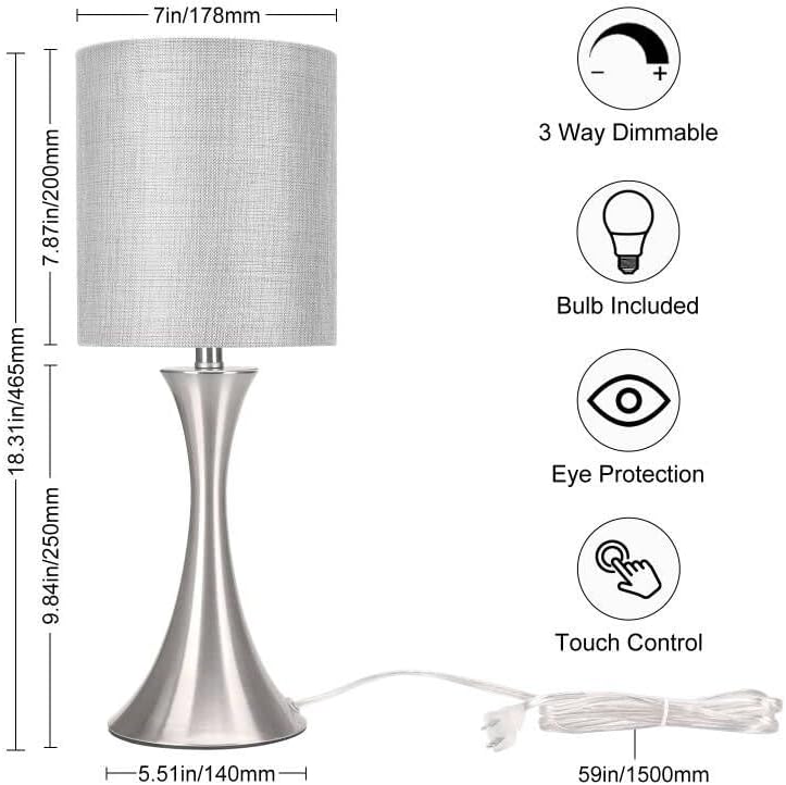 Dimmable Wood Grain Metal Table Lamp, 3 Way Touch Lamp with White Shade