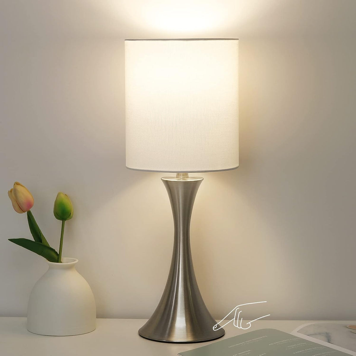 Dimmable Wood Grain Metal Table Lamp, 3 Way Touch Lamp with White Shade