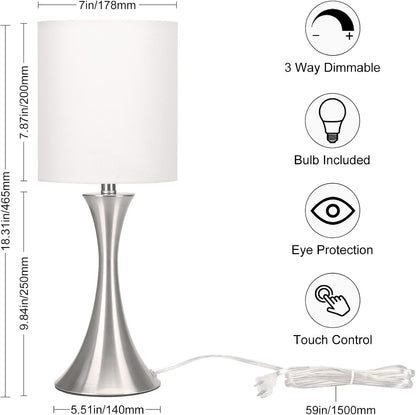 Dimmable Wood Grain Metal Table Lamp, 3 Way Touch Lamp with White Shade