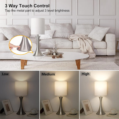 Dimmable Wood Grain Metal Table Lamp, 3 Way Touch Lamp with White Shade