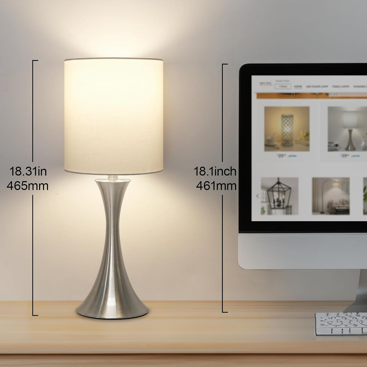 Dimmable Wood Grain Metal Table Lamp, 3 Way Touch Lamp with White Shade