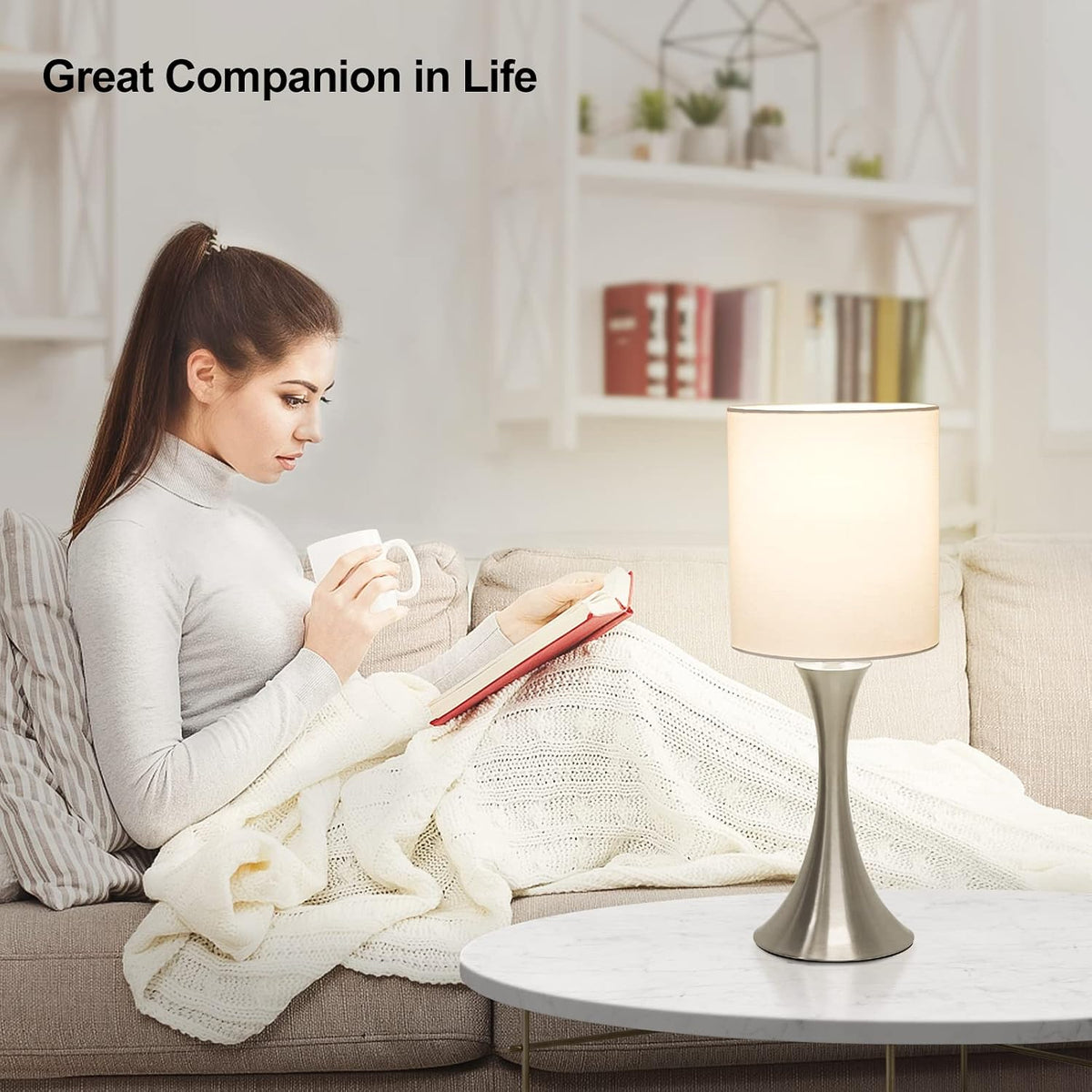 Dimmable Wood Grain Metal Table Lamp, 3 Way Touch Lamp with White Shade