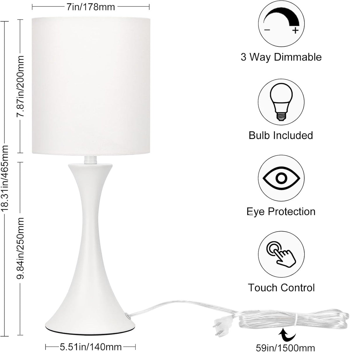 Dimmable Wood Grain Metal Table Lamp, 3 Way Touch Lamp with White Shade