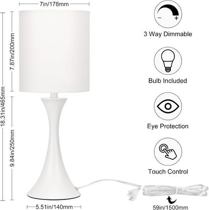 Dimmable Wood Grain Metal Table Lamp, 3 Way Touch Lamp with White Shade