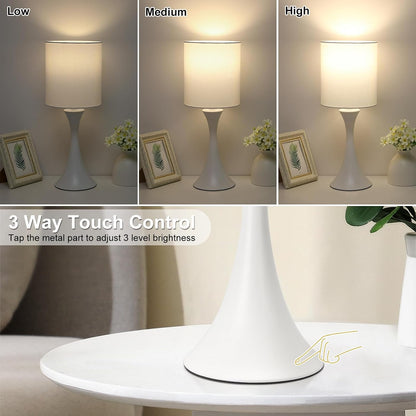 Dimmable Wood Grain Metal Table Lamp, 3 Way Touch Lamp with White Shade