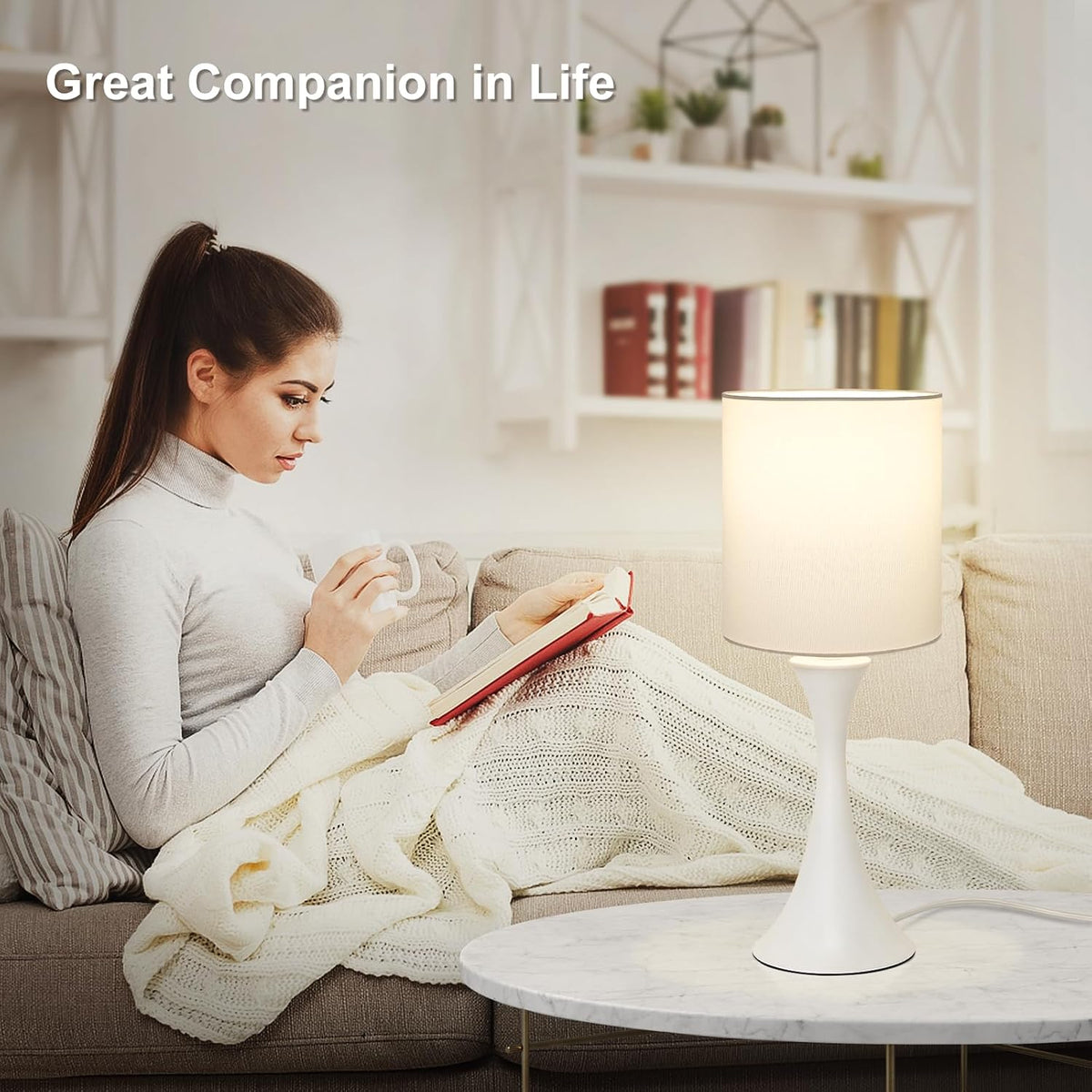 Dimmable Wood Grain Metal Table Lamp, 3 Way Touch Lamp with White Shade