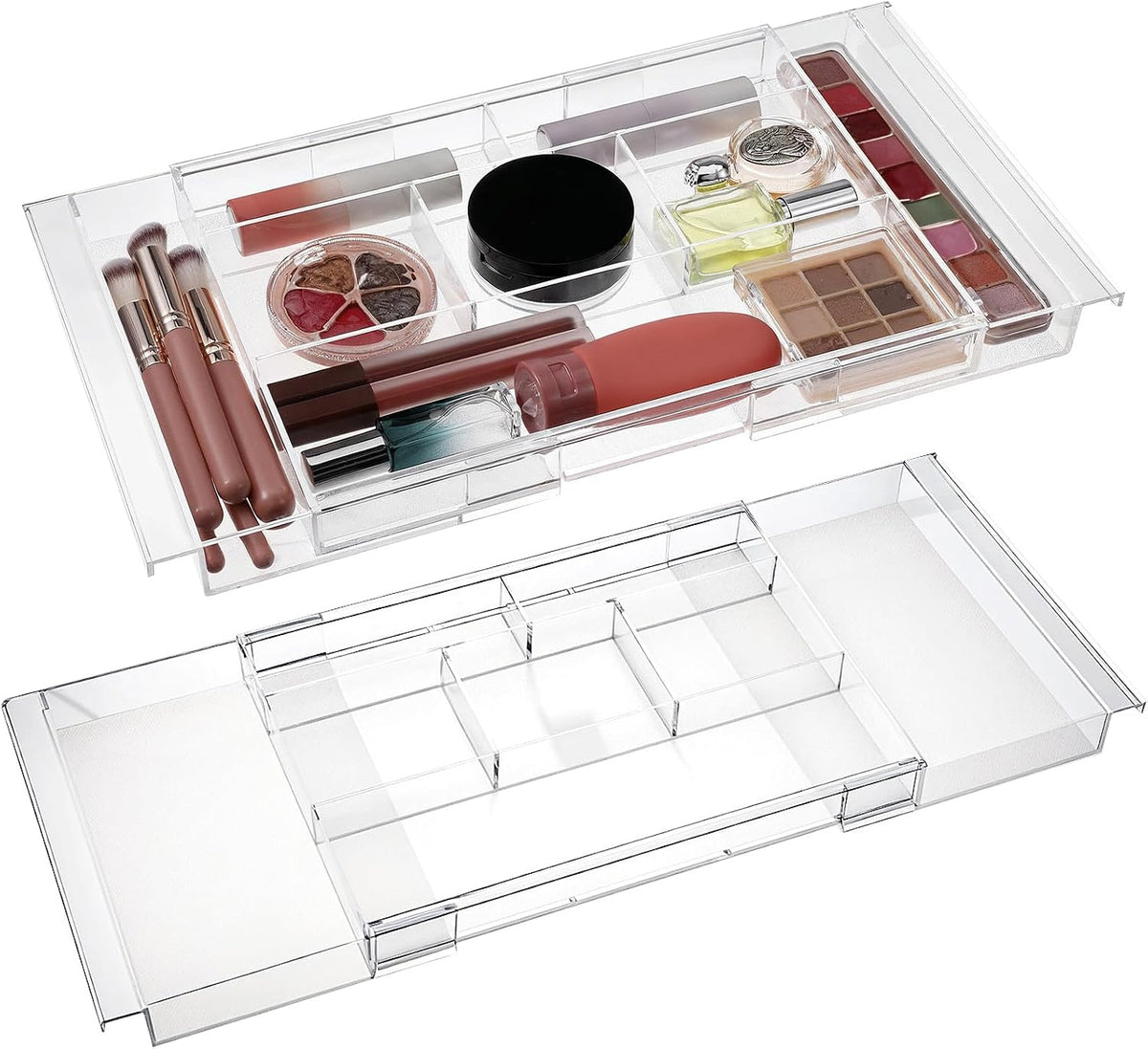2 Pcs Expandable Drawer Organizer 11.1” to 19.2” Width, Shallow Cosmetic Organizer 1.3” Height, Clear Plastic Storage Trays for Dressing Table,Bathroom