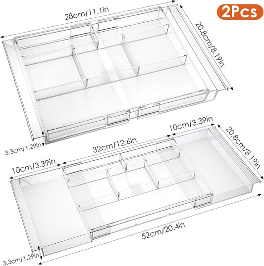 2 Pcs Expandable Drawer Organizer 11.1” to 19.2” Width, Shallow Cosmetic Organizer 1.3” Height, Clear Plastic Storage Trays for Dressing Table,Bathroom