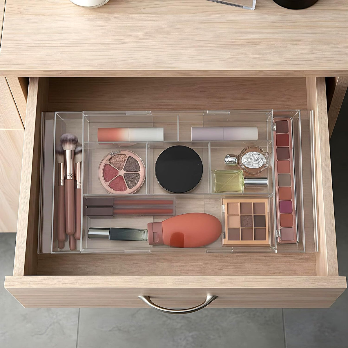 2 Pcs Expandable Drawer Organizer 11.1” to 19.2” Width, Shallow Cosmetic Organizer 1.3” Height, Clear Plastic Storage Trays for Dressing Table,Bathroom