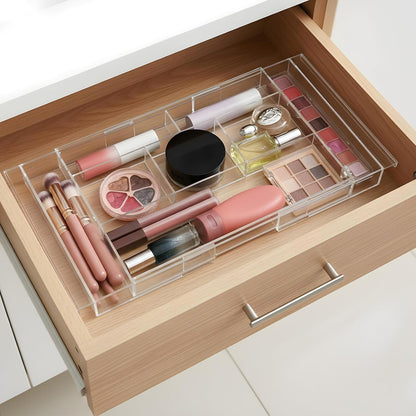 2 Pcs Expandable Drawer Organizer 11.1” to 19.2” Width, Shallow Cosmetic Organizer 1.3” Height, Clear Plastic Storage Trays for Dressing Table,Bathroom