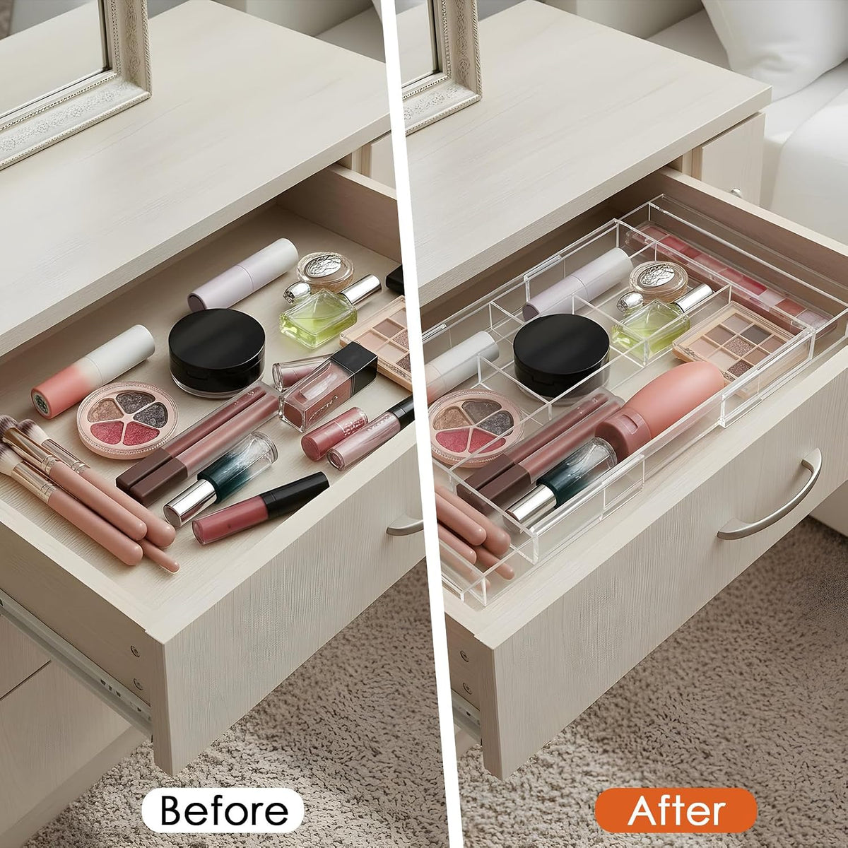2 Pcs Expandable Drawer Organizer 11.1” to 19.2” Width, Shallow Cosmetic Organizer 1.3” Height, Clear Plastic Storage Trays for Dressing Table,Bathroom