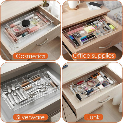 2 Pcs Expandable Drawer Organizer 11.1” to 19.2” Width, Shallow Cosmetic Organizer 1.3” Height, Clear Plastic Storage Trays for Dressing Table,Bathroom