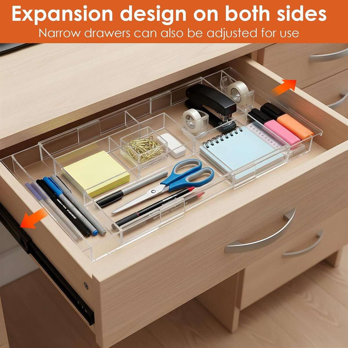2 Pcs Expandable Drawer Organizer 11.1” to 19.2” Width, Shallow Cosmetic Organizer 1.3” Height, Clear Plastic Storage Trays for Dressing Table,Bathroom