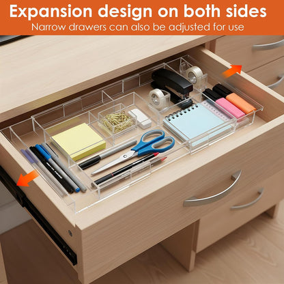 2 Pcs Expandable Drawer Organizer 11.1” to 19.2” Width, Shallow Cosmetic Organizer 1.3” Height, Clear Plastic Storage Trays for Dressing Table,Bathroom