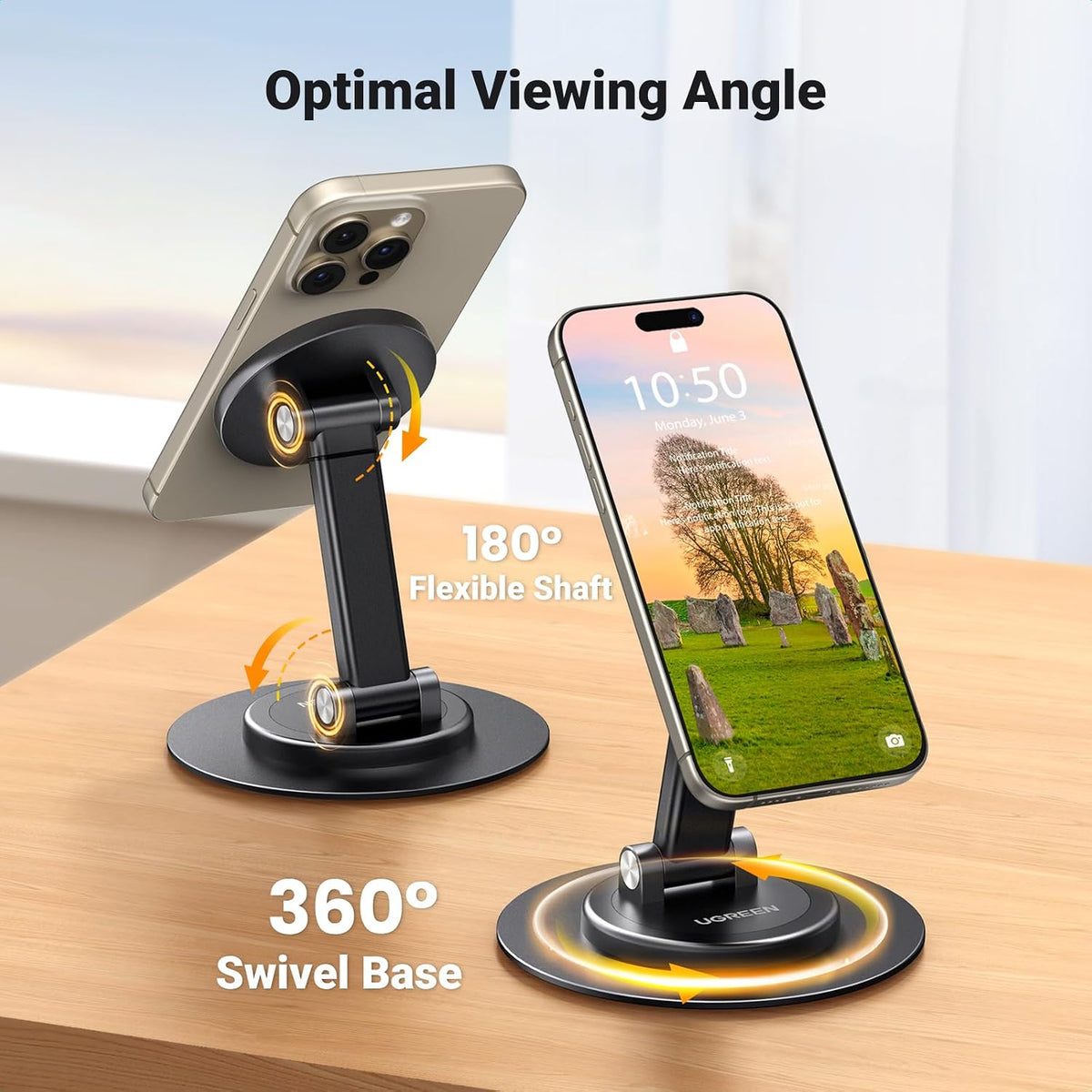 Magnetic Phone Stand for MagSafe, Height Adjustable iPhone Stand for Desk with 360° Rotation Compatible for iPhone 17 Air 16 Pro 15 Pro Max 14 Plus 13 12 and MagSafe Case, Black