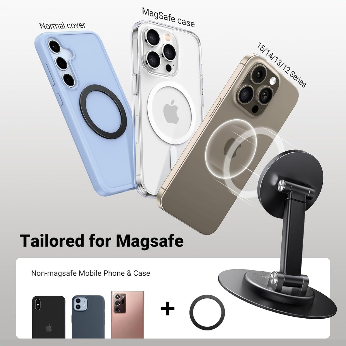 Magnetic Phone Stand for MagSafe, Height Adjustable iPhone Stand for Desk with 360° Rotation Compatible for iPhone 17 Air 16 Pro 15 Pro Max 14 Plus 13 12 and MagSafe Case, Black