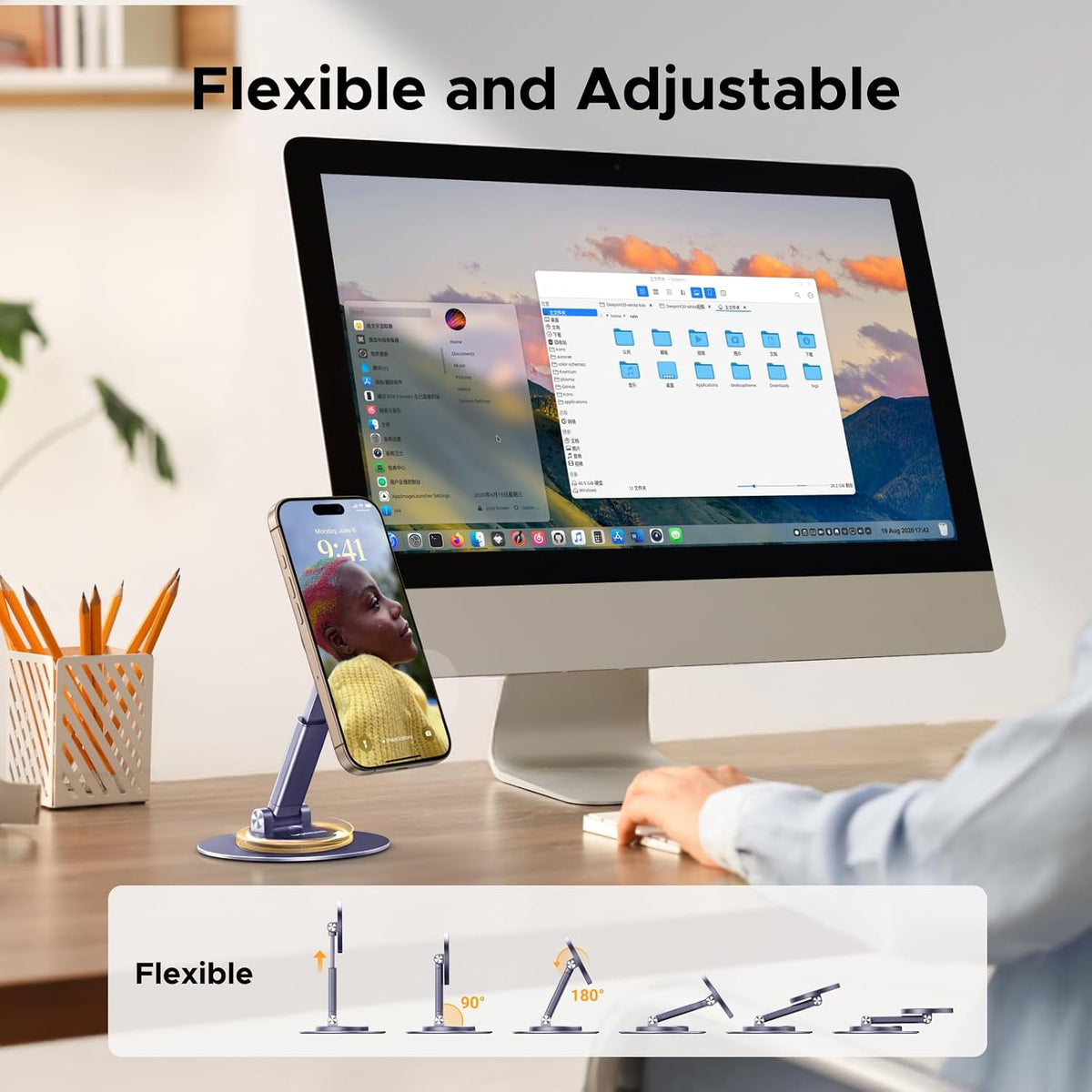 Magnetic Phone Stand for MagSafe, Height Adjustable iPhone Stand for Desk with 360° Rotation Compatible for iPhone 17 Air 16 Pro 15 Pro Max 14 Plus 13 12 and MagSafe Case, Black