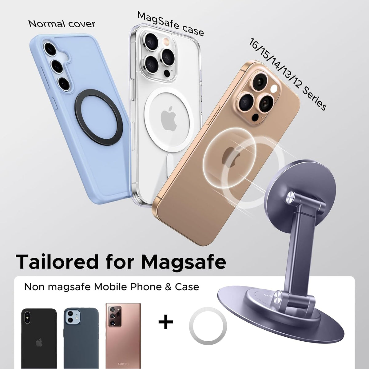 Magnetic Phone Stand for MagSafe, Height Adjustable iPhone Stand for Desk with 360° Rotation Compatible for iPhone 17 Air 16 Pro 15 Pro Max 14 Plus 13 12 and MagSafe Case, Black