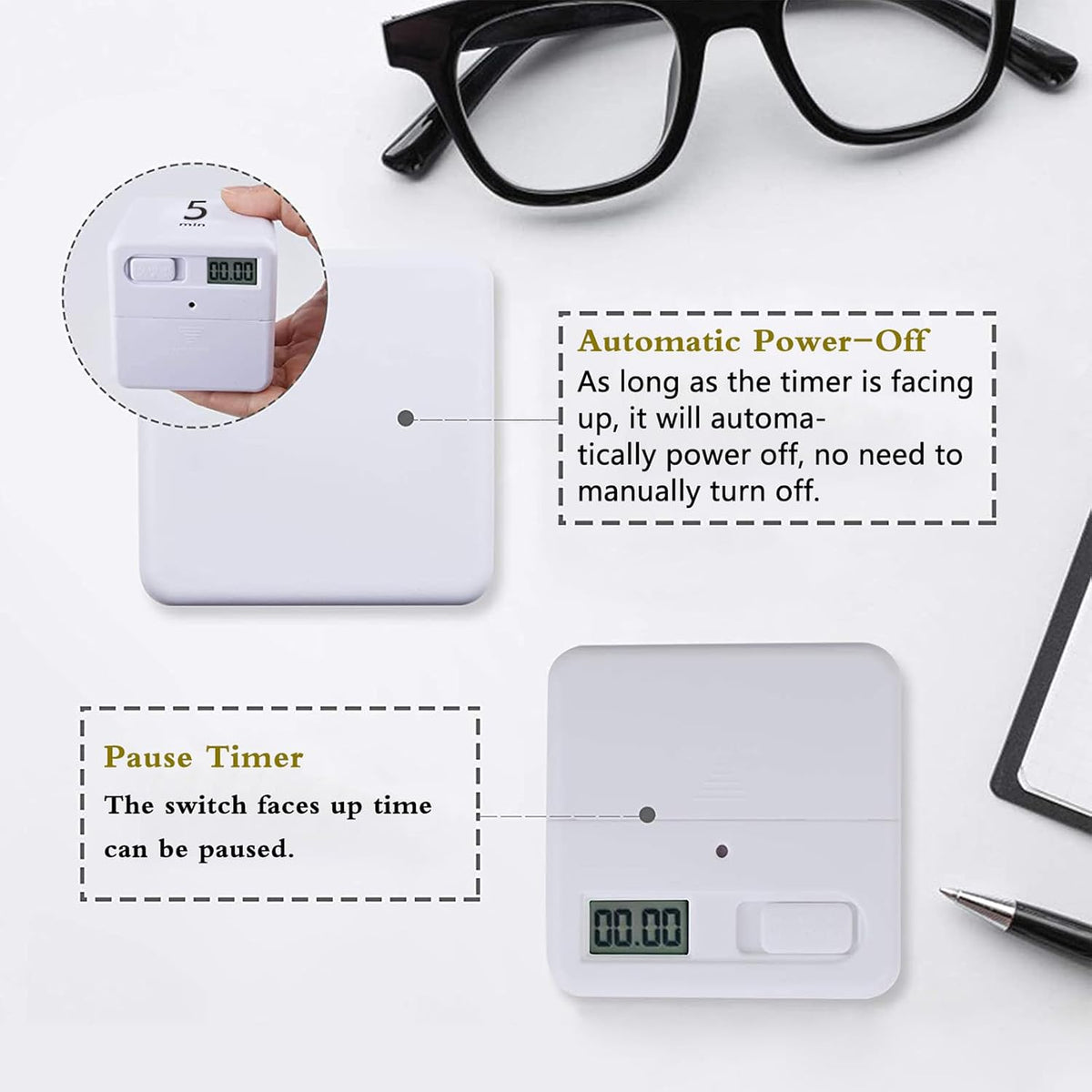 Rotating Productivity Timer, 1/3/5/10 Mins Preset, Desk Cube Countdown Flip Kids Timer for Time Management, Classroom, Workout, Kitchen, Cooking, Study, White