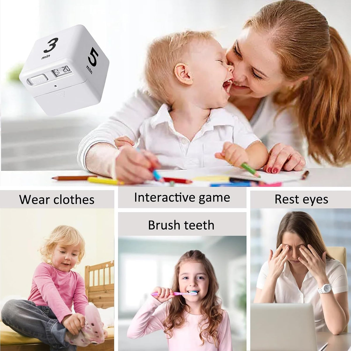 Rotating Productivity Timer, 1/3/5/10 Mins Preset, Desk Cube Countdown Flip Kids Timer for Time Management, Classroom, Workout, Kitchen, Cooking, Study, White