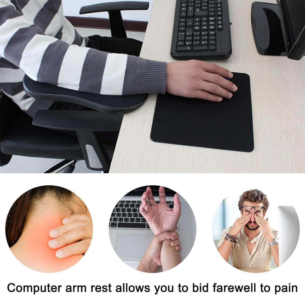 Computer Arm Rest for Desk, Ergonomic Arm Rest Extender, Adjustable Wrist Rest Rotating Computer Arm Support Pad for Elbow Keyboard Mouse Table Office Chair Desk Black