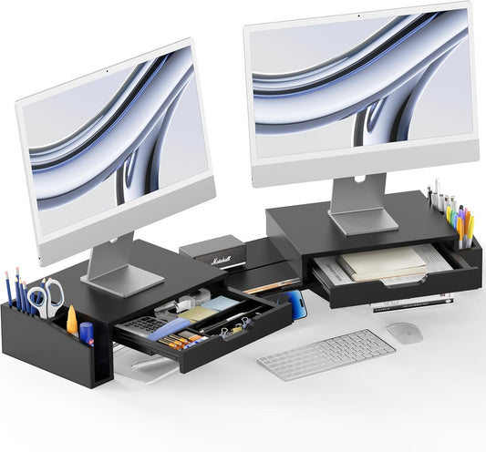 Desk Dual Monitor Stand Riser with 2 Drawers, Black