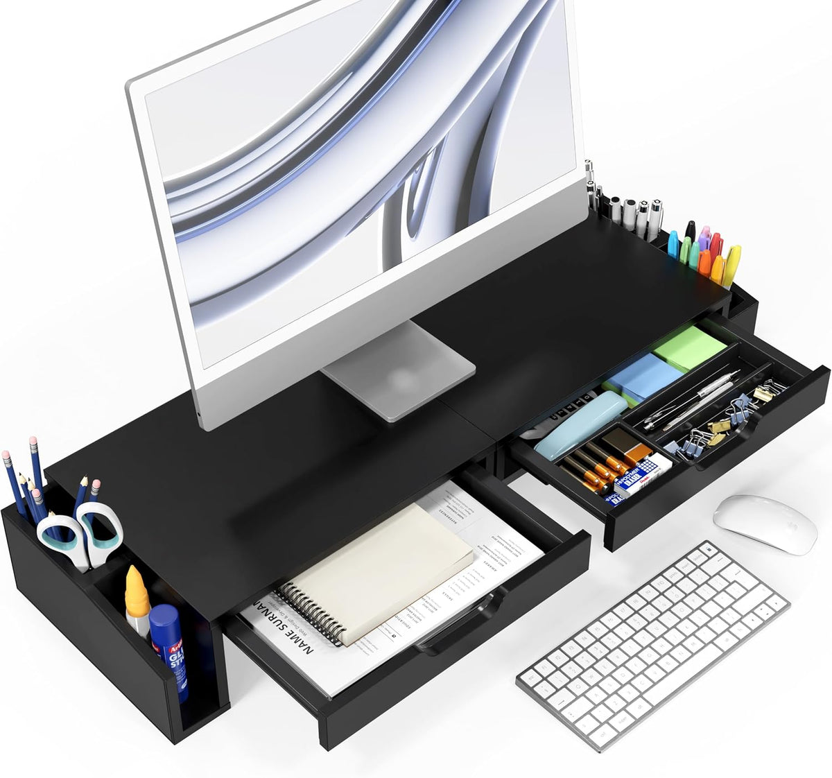 Desk Dual Monitor Stand Riser with 2 Drawers, Black