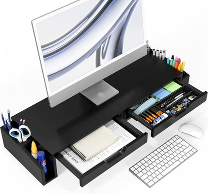 Desk Dual Monitor Stand Riser with 2 Drawers, Black