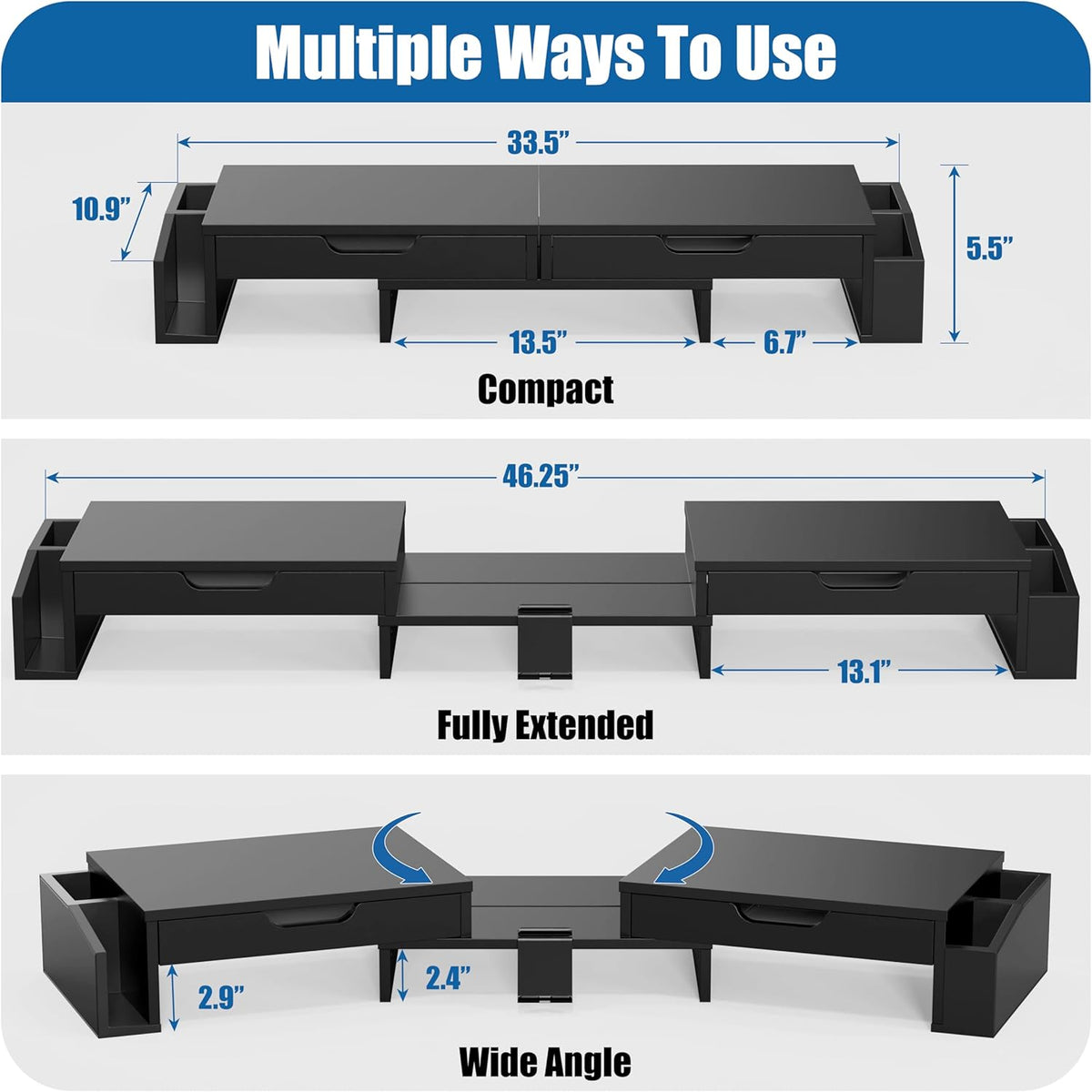 Desk Dual Monitor Stand Riser with 2 Drawers, Black