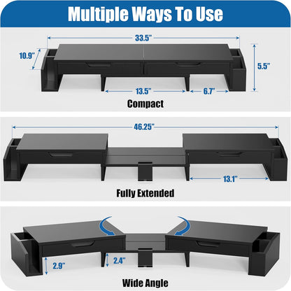 Desk Dual Monitor Stand Riser with 2 Drawers, Black