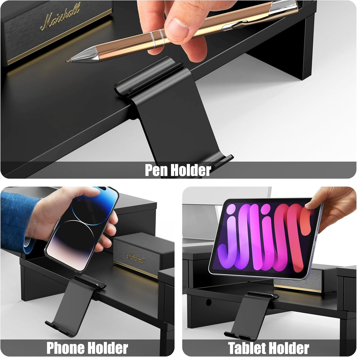 Desk Dual Monitor Stand Riser with 2 Drawers, Black