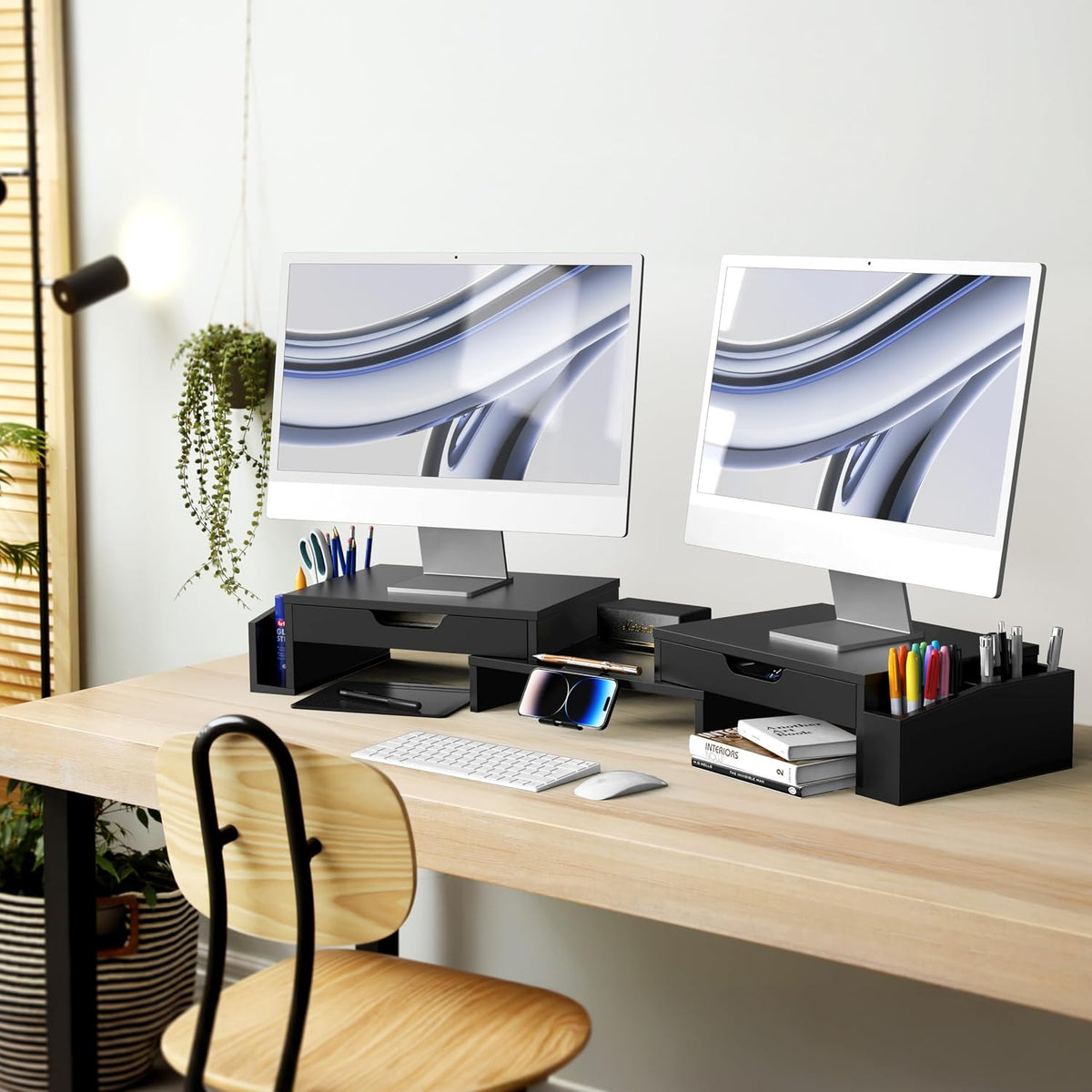 Desk Dual Monitor Stand Riser with 2 Drawers, Black