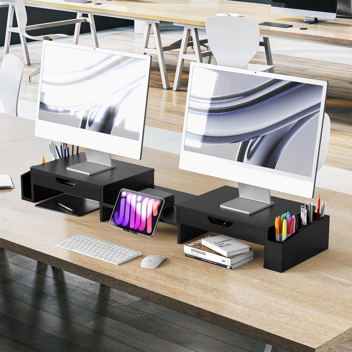 Desk Dual Monitor Stand Riser with 2 Drawers, Black