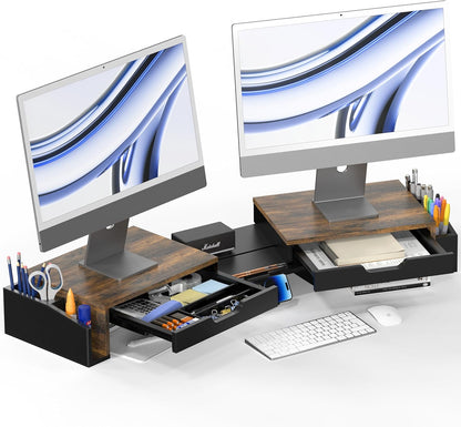 Desk Dual Monitor Stand Riser with 2 Drawers, Black