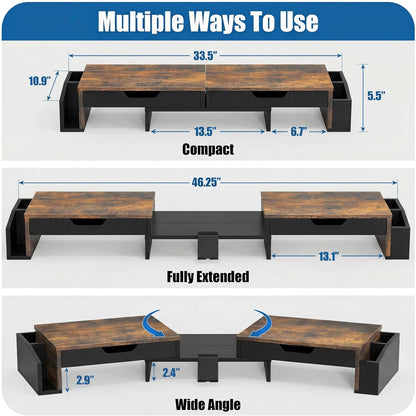 Desk Dual Monitor Stand Riser with 2 Drawers, Black