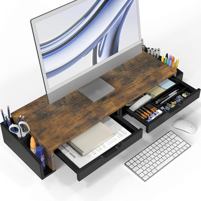 Desk Dual Monitor Stand Riser with 2 Drawers, Black