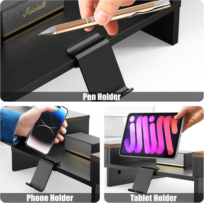 Desk Dual Monitor Stand Riser with 2 Drawers, Black