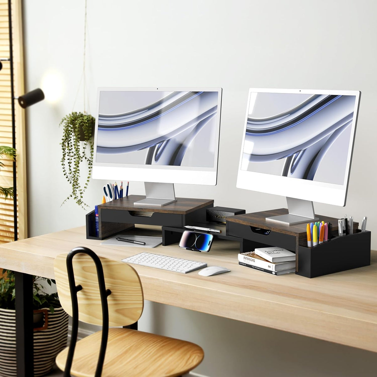 Desk Dual Monitor Stand Riser with 2 Drawers, Black