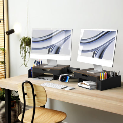 Desk Dual Monitor Stand Riser with 2 Drawers, Black
