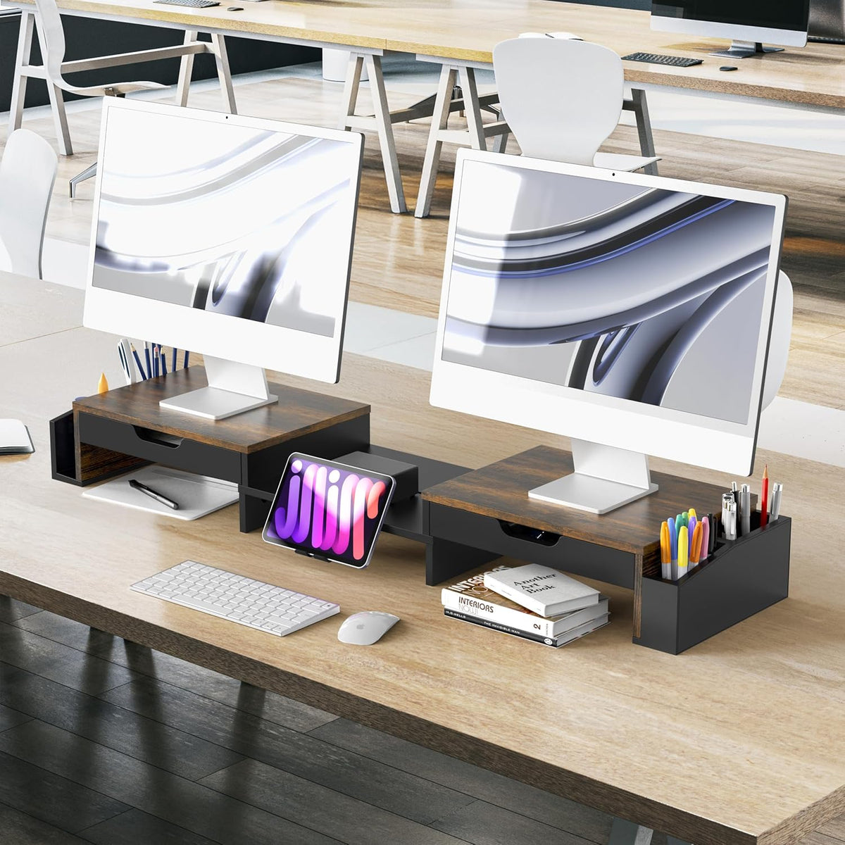 Desk Dual Monitor Stand Riser with 2 Drawers, Black