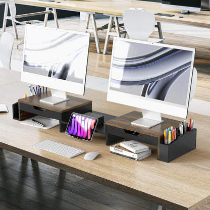 Desk Dual Monitor Stand Riser with 2 Drawers, Black