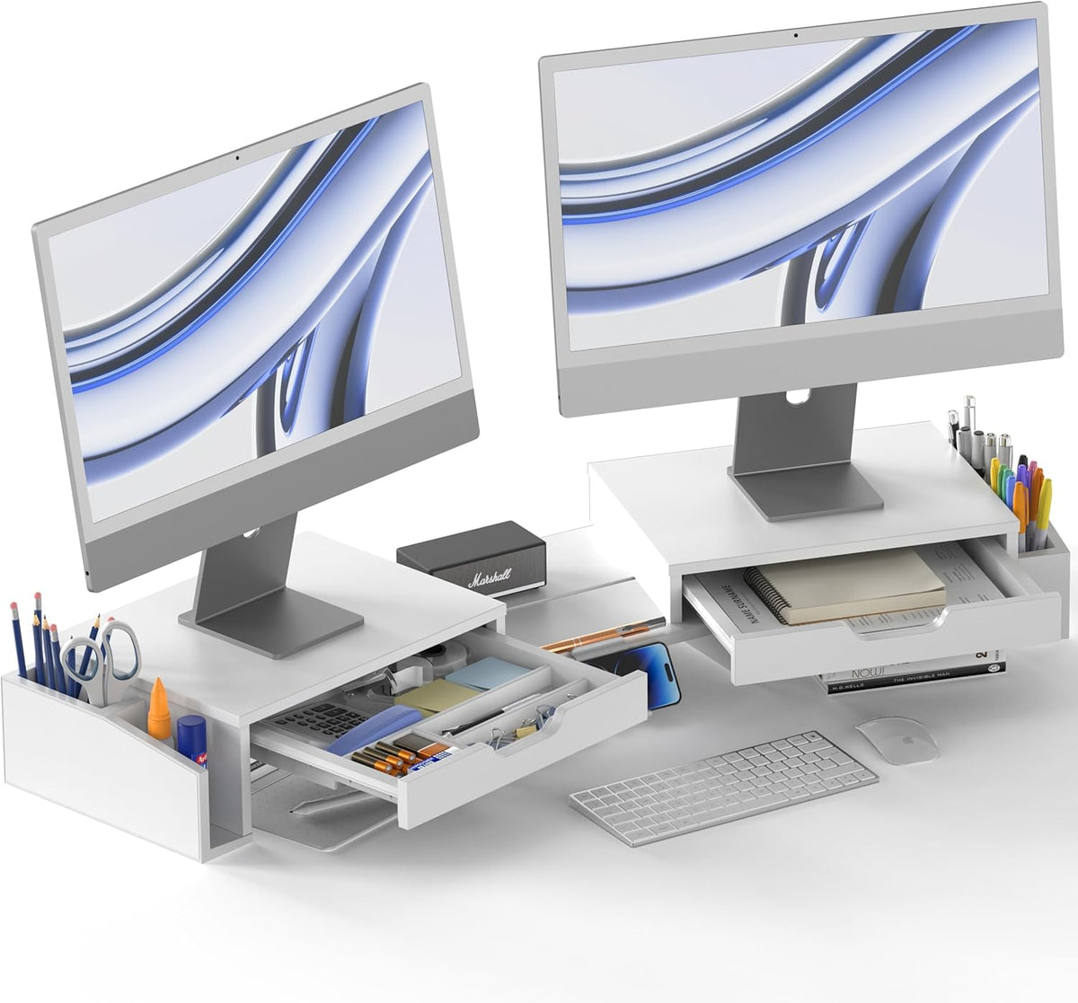 Desk Dual Monitor Stand Riser with 2 Drawers, Black