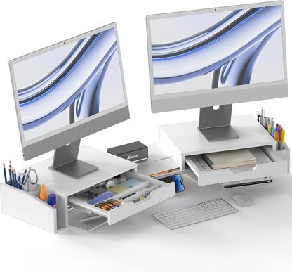Desk Dual Monitor Stand Riser with 2 Drawers, Black