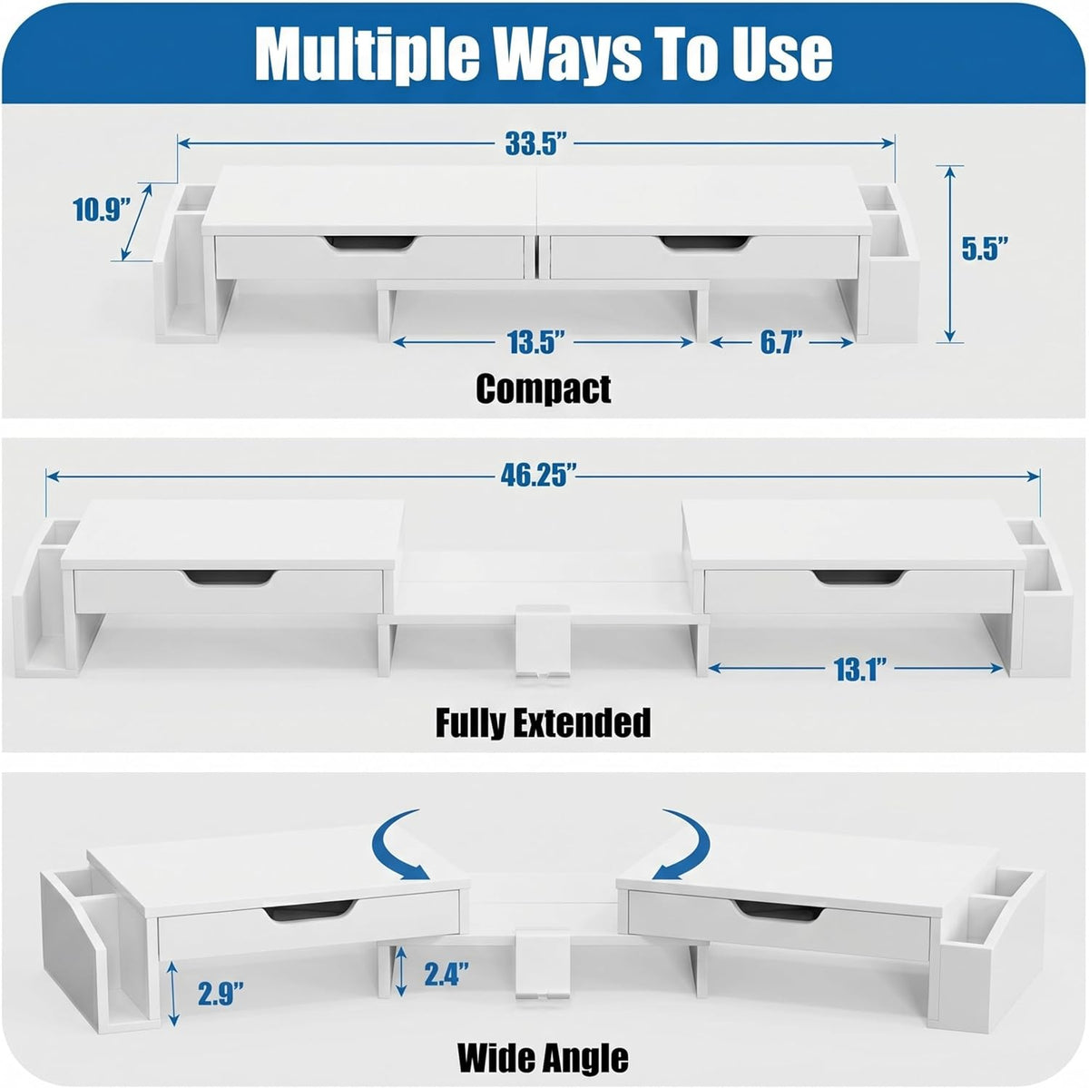Desk Dual Monitor Stand Riser with 2 Drawers, Black