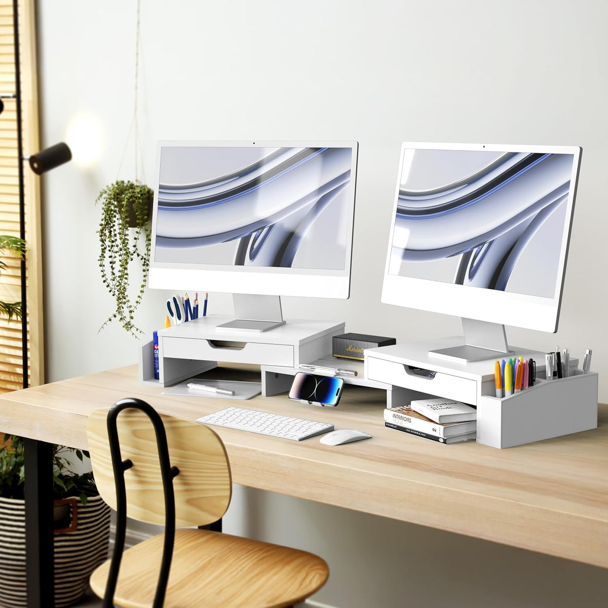 Desk Dual Monitor Stand Riser with 2 Drawers, Black