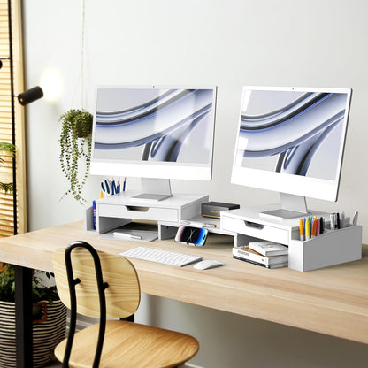 Desk Dual Monitor Stand Riser with 2 Drawers, Black