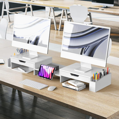 Desk Dual Monitor Stand Riser with 2 Drawers, Black